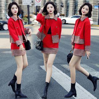 Set: Double Breasted Tweed Panel Coat + Mini Skirt