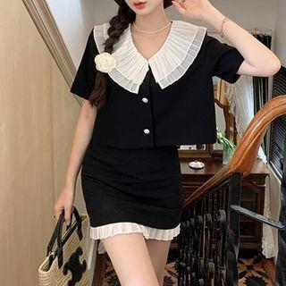 Short-sleeve Layered Collar Blouse / Mini Pencil Skirt
