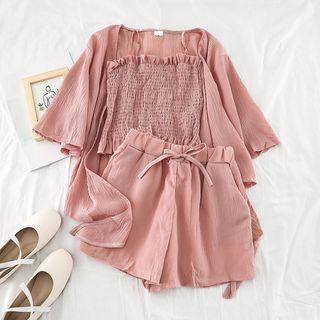 Set: Spaghetti Strap Frill Trim Top + Wide-leg Shorts + 3/4-sleeve Light Jacket
