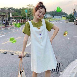 Set: Short-sleeve T-shirt + Sleeveless Buttoned A-line Dress