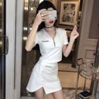 Set: Short-sleeve Letter Zip Placket Cropped T-shirt + Asymmetric A-line Mini Skirt