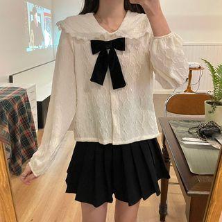 Peter Pan Collar Bow Accent Blouse White - One Size