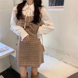 Houndstooth Strappy A-line Dress / Tie-neck Blouse