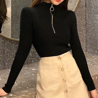 Zip Placket Mock Neck Knit Top