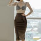 Set: Lace Flared-sleeve Blouse + High-waist Midi Pencil Skirt