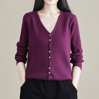 V-neck Plain Cardigan Purple - One Size