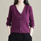 V-neck Plain Cardigan Purple - One Size