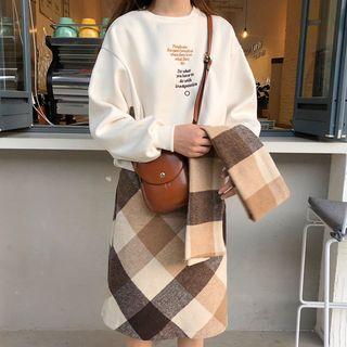 Set Of 3: Letter Embroidered Pullover + Midi Plaid A-line Skirt + Plaid Scarf Pullover - White - One Size / Skirt - Plaid - Khaki - One Size / Scarf - Plaid - Khaki - One Size