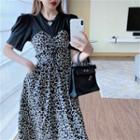 Mock Two-piece Short-sleeve Heart Print Midi A-line Dress