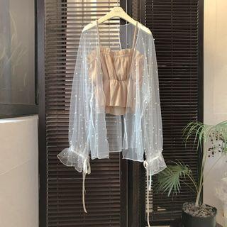 Dotted Tie-cuff Open Front Mesh Jacket White - One Size