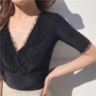 Mesh Panel Ribbed Velvet Short-sleeve Top