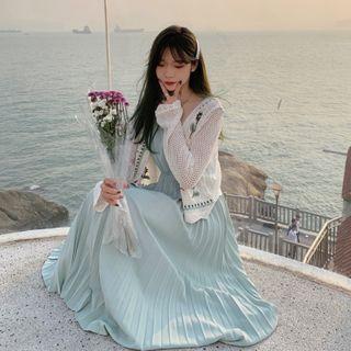 Strappy Pleated Midi A-line Dress / Embroidered Cardigan