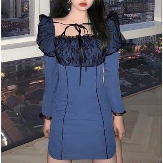 Long-sleeve Square-neck Mesh Panel Mini Dress