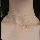 Faux Pearl Bow Layered Choker Gold - One Size