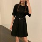 Short Sleeve Dress With Belt Black - One Size