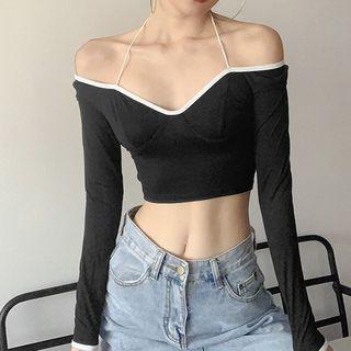 Long Sleeve Cross-strap Contrast-trim Crop Top