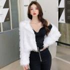 Fluffy Cropped Button Jacket / Long-sleeve Strappy Off-shoulder Top