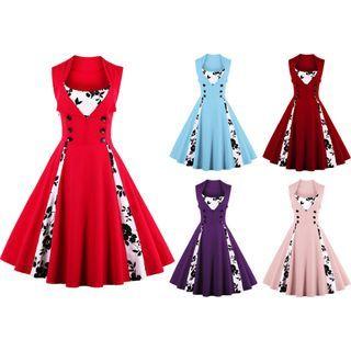 Sleeveless Double Breasted Cow Print Panel Midi Dress
