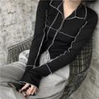 Long-sleeve Contrast Stitching T-shirt Black - One Size