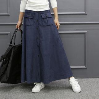 Flap-pocket Faux-suede Maxi Skirt