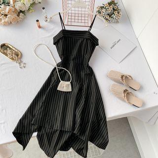 Spaghetti Strap Asymmetric Striped A-line Dress