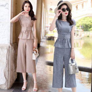 Set: Short-sleeve Striped Top + Striped Wide Leg Pants