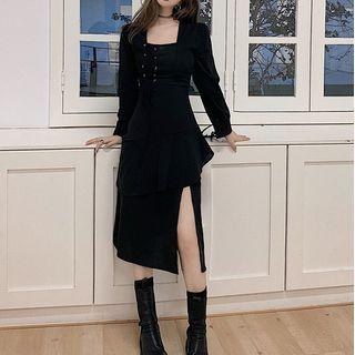 Irregular Hem Long-sleeve Midi A-line Dress