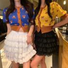 Bear-print Button-up Light Knit Top / Layered Mini Skirt