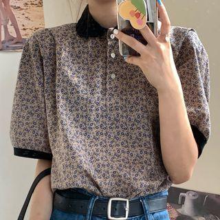 Balloon-sleeve Floral Print Polo Shirt As Shown In Figure - One Size