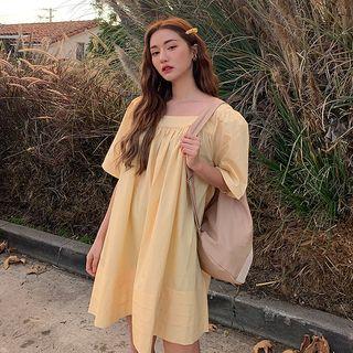 Square-neck Short-sleeve Dress Yellow - One Size