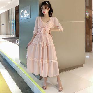 Set: Lace Trim Spaghetti Strap Midi A-line Dress + Elbow-sleeve Open Front Chiffon Jacket
