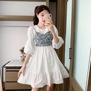 Set: Puff-sleeve Mini A-line Dress + Floral Cropped Camisole Top