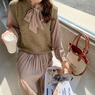 Set: Long-sleeve Accordion Pleat Midi Dress + Knit Vest