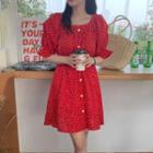 Short-sleeve Dotted A-line Dress Dots - Red - One Size