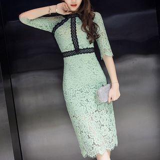 Elbow-sleeve Color-block Crewneck Slim Lace Sheath Dress