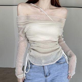 Set: Asymmetrical Drawstring Camisole Top + Off-shoulder Mesh Top
