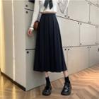 High Waist Pleated Midi A-line Skirt Black - One Size