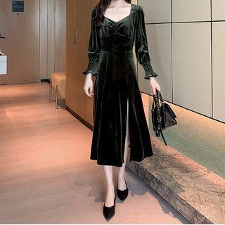 Velvet Slit Midi A-line Dress
