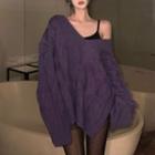 Oversized Cable-knit V-neck Sweater Purple - One Size