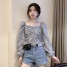 Square-neck Plaid Ruffle Trim Blouse As Shown In Figure - One Size