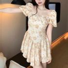 Square-neck Puff-sleeve Print Dress As Figure - One Size