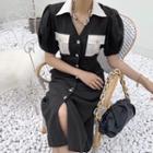 Puff-sleeve Color Block Shirt Dress