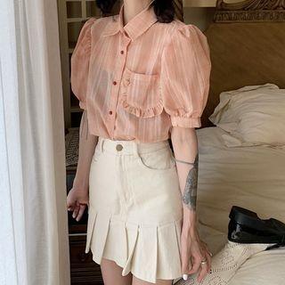 Short-sleeve Striped Frill Trim Shirt / Pleated Mini A-line Skirt