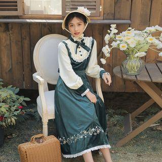 Long-sleeve Bow Lace Trim Embroidered Midi A-line Dress
