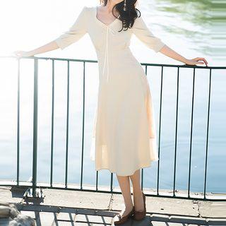 3/4-sleeve Lace Paneled A-line Midi Dress