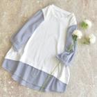 Mock Two-piece Long-sleeve Striped Blouse White + Blue - One Size