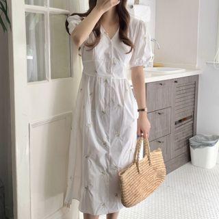 V-neck Embroidered Puff Sleeve Midi Dress