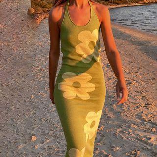 Halter Floral Midi Bodycon Dress
