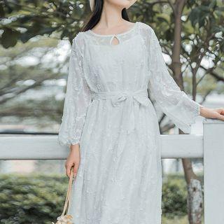 Set: Embroidered Long-sleeve A-line Midi Dress + Strappy Dress
