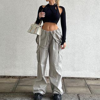 Low Rise Plain Cargo Wide Leg Pants